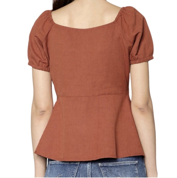 ONLY Rust Brown Linen Cotton Top EU 36 US 2 Womens Puff Sleeve Peplum Babydoll - Picture 2 of 7